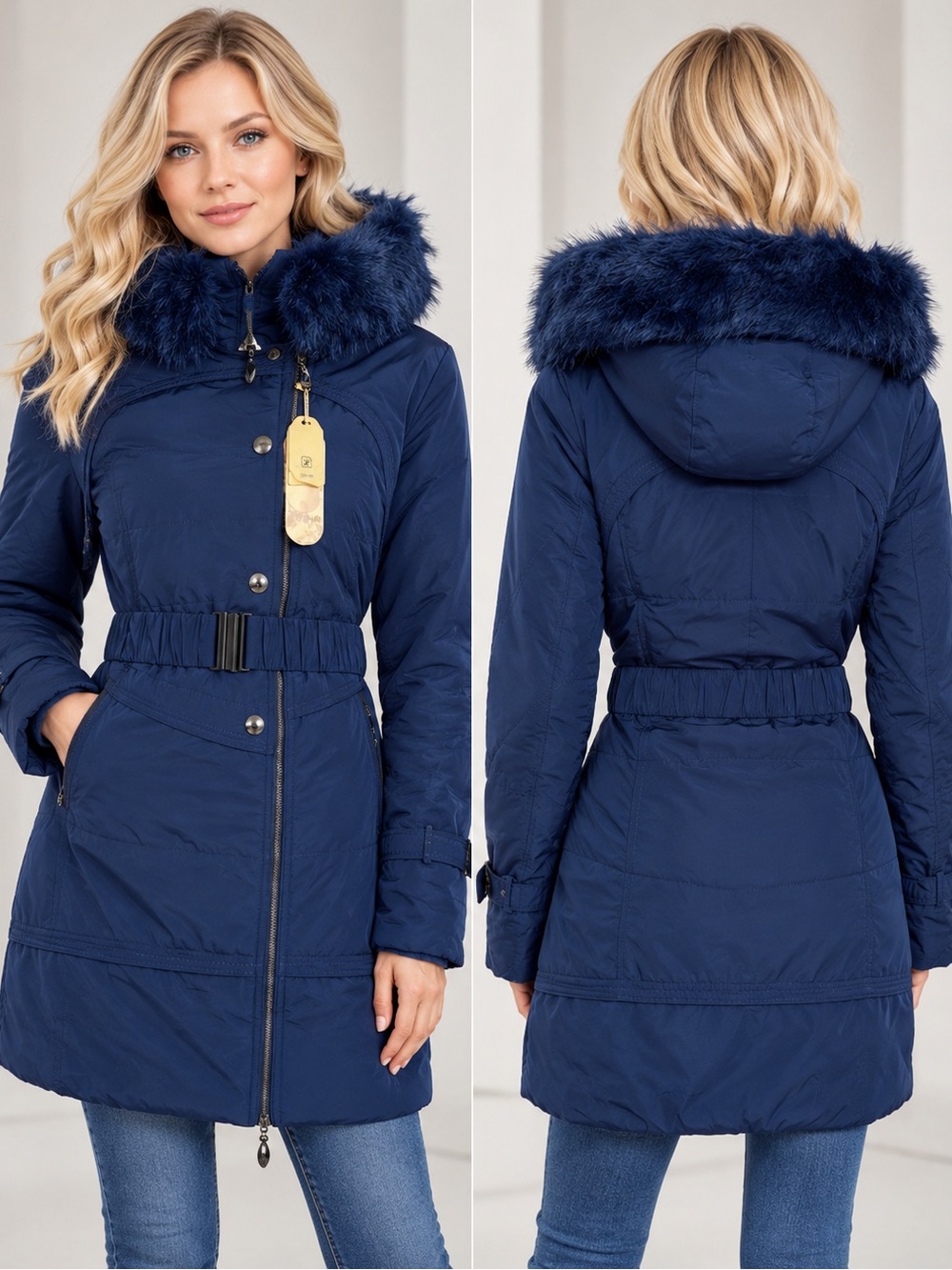 NWT ZENA WOMEN JACKET‎ ASYMMETRIC ZIPPED BELTED LINED COAT FAUX FUR TRIMMED HOOD